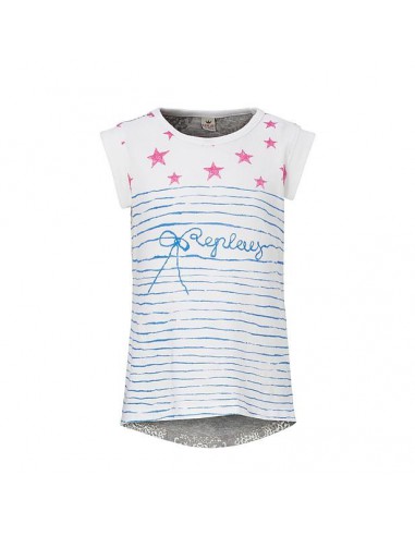 Replay: Grijsmelee/witte tricot top met roze/blauwe 'Stars and Stripes' 
